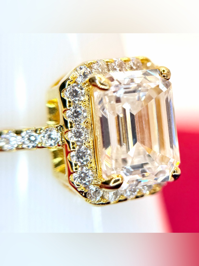 Moissanite Gold Halo Emerald-Cut Ring With Clear Center Stone - Women Jewelry